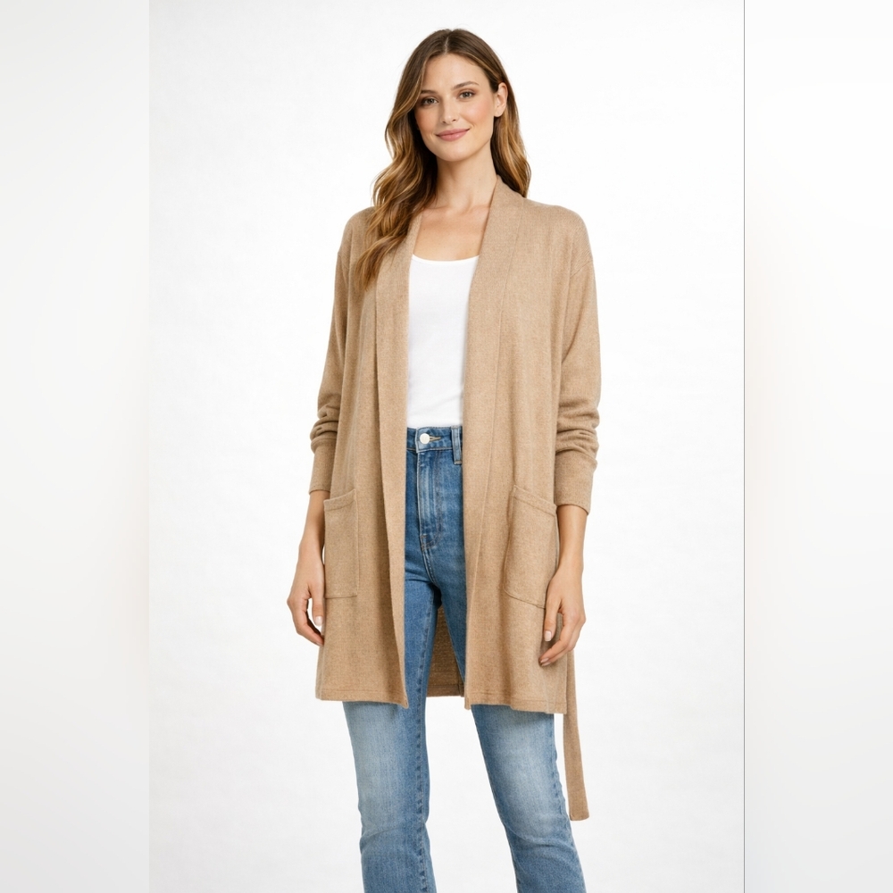 Arlotta Size XS Cashmere Blend Cozy Tan Open-Front Belted Cardigan